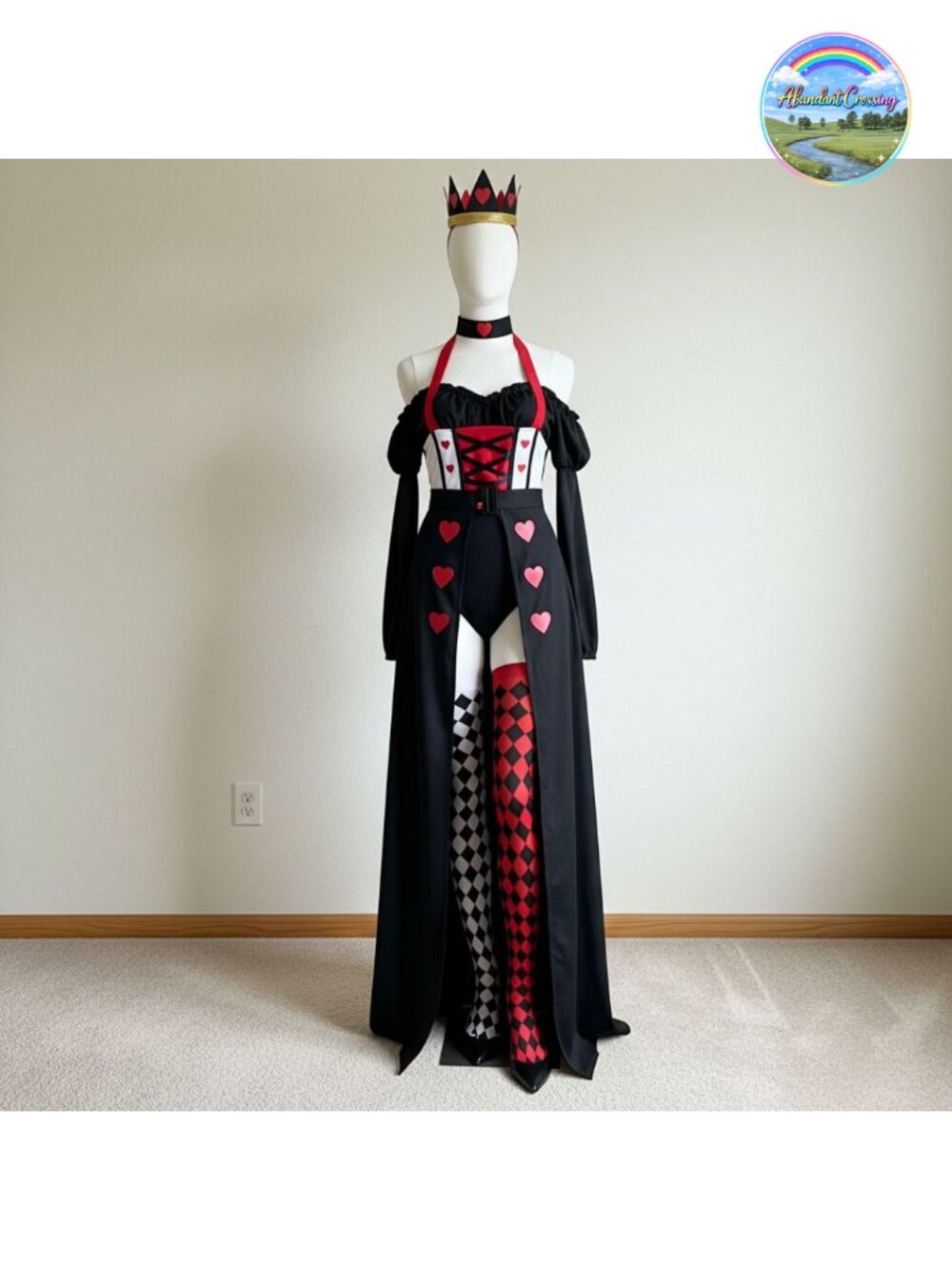 Queen of Hearts Costume Women Long Sleeve Cosplay Dress with Crown